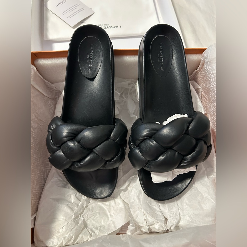Kacey Braided Slides Sandals Black Napa Leather 41 10 11 Puffy Flat Hayford